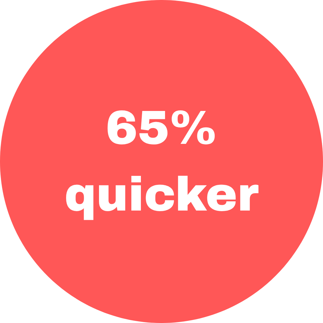Red circle with text saying 65% quicker