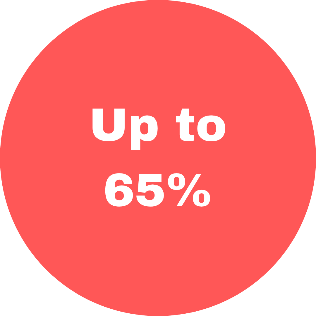 Red circle with text saying up to 65%