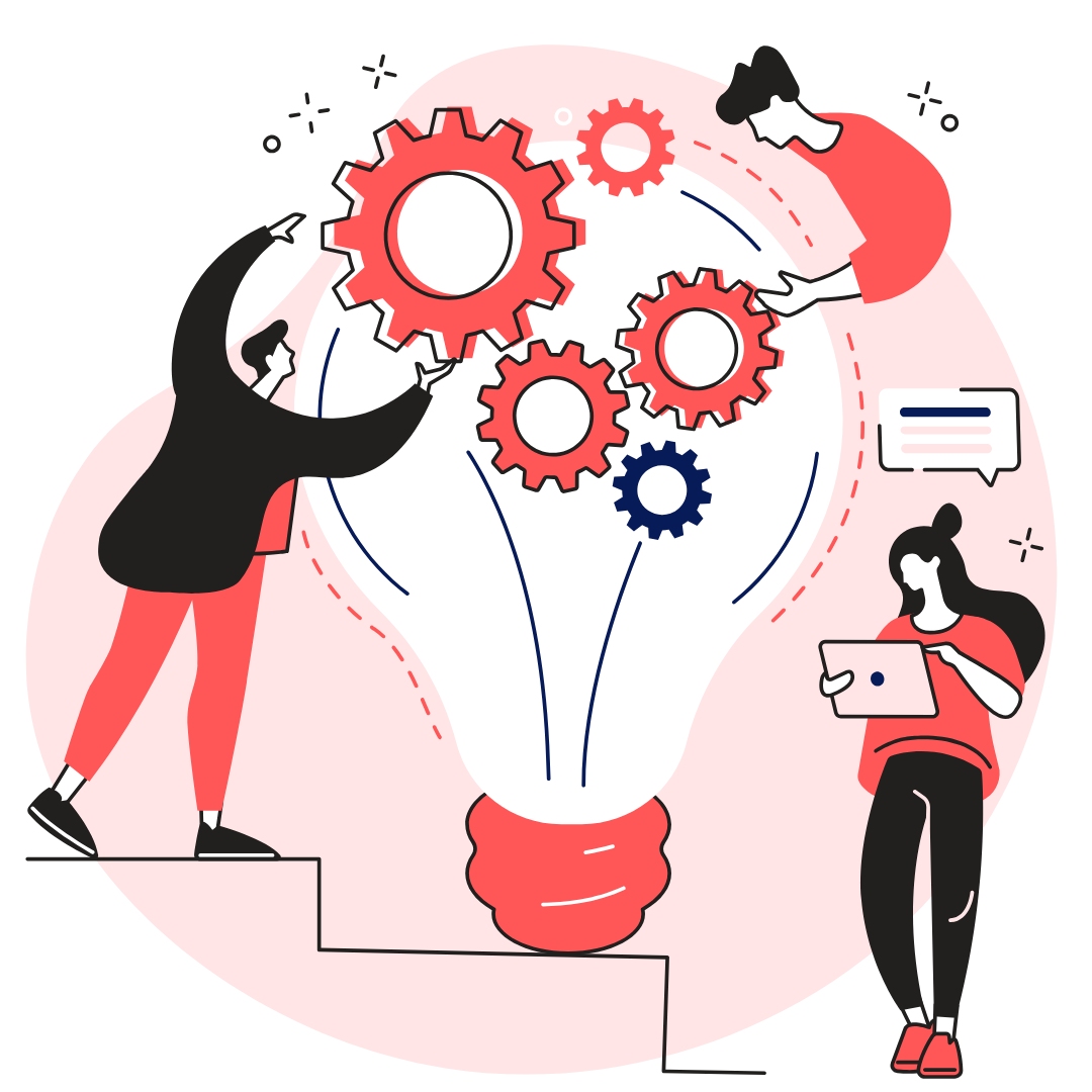 Graphic style - people placing cogs in a lightbulb