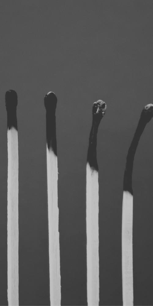 Burnout - eight matches increasingly burnout out from left to right