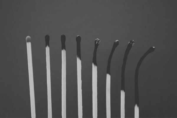 Burnout - eight matches increasingly burnout out from left to right